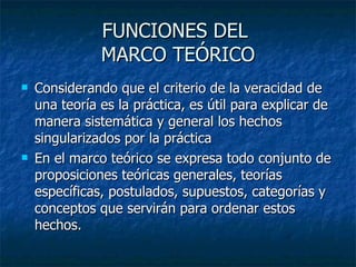 FUNCIONES DEL  MARCO TEÓRICO Considerando que el criterio de la veracidad de una teoría es la práctica, es útil para explicar de manera sistemática y general los hechos singularizados por la práctica En el marco teórico se expresa todo conjunto de proposiciones teóricas generales, teorías específicas, postulados, supuestos, categorías y conceptos que servirán para ordenar estos hechos. 