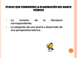 ETAPAS QUE COMPRENDE LA ELABORACIÓN DEL MARCO
                  TEÓRICO


1.   La    revisión     de    la    literatura
 ...