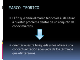 MARCO TEORICO

 El fin que tiene el marco teórico es el de situar
  a nuestro problema dentro de un conjunto de
  conocimientos




 orientar nuestra búsqueda y nos ofrezca una
  conceptualización adecuada de los términos
  que utilizaremos.
 