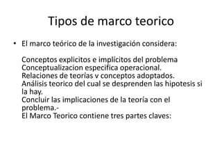 Tipos de marco teorico
• El marco teórico de la investigación considera:
  Conceptos explicitos e implícitos del problema
  Conceptualizacion especifica operacional.
  Relaciones de teorías v conceptos adoptados.
  Análisis teorico del cual se desprenden las hipotesis si
  la hay.
  Concluir las implicaciones de la teoría con el
  problema.-
  El Marco Teorico contiene tres partes claves:
 