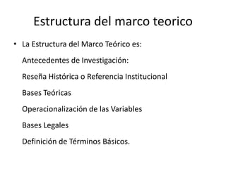 Estructura del marco teorico
• La Estructura del Marco Teórico es:
  Antecedentes de Investigación:
  Reseña Histórica o Referencia Institucional
  Bases Teóricas
  Operacionalización de las Variables
  Bases Legales
  Definición de Términos Básicos.
 