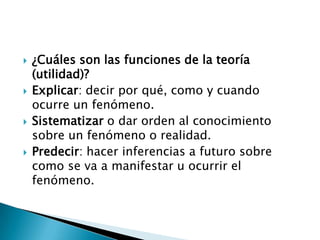    ¿Cuáles son las funciones de la teoría
    (utilidad)?
   Explicar: decir por qué, como y cuando
    ocurre un fenómeno.
   Sistematizar o dar orden al conocimiento
    sobre un fenómeno o realidad.
   Predecir: hacer inferencias a futuro sobre
    como se va a manifestar u ocurrir el
    fenómeno.
 