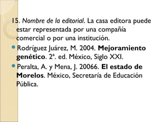 15. Nombre de la editorial. La casa editora puede
 estar representada por una compañía
 comercial o por una institución.
Rodríguez Juárez, M. 2004. Mejoramiento
 genético. 2ª. ed. México, Siglo XXI.
Peralta, A. y Mena, J. 20066. El estado de
 Morelos. México, Secretaría de Educación
 Pública.
 
