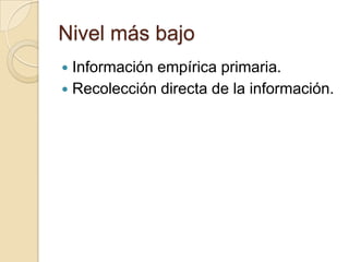 Nivel más bajo
 Información empírica primaria.
 Recolección directa de la información.
 