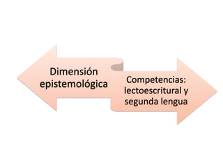 Dimensión
epistemológica    Competencias:
                 lectoescritural y
                 segunda lengua
 