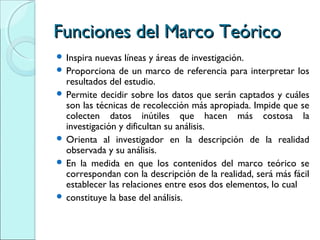 Funciones del Marco TeóricoFunciones del Marco Teórico
 Inspira nuevas líneas y áreas de investigación.
 Proporciona de un marco de referencia para interpretar los
resultados del estudio.
 Permite decidir sobre los datos que serán captados y cuáles
son las técnicas de recolección más apropiada. Impide que se
colecten datos inútiles que hacen más costosa la
investigación y dificultan su análisis.
 Orienta al investigador en la descripción de la realidad
observada y su análisis.
 En la medida en que los contenidos del marco teórico se
correspondan con la descripción de la realidad, será más fácil
establecer las relaciones entre esos dos elementos, lo cual
 constituye la base del análisis.
 