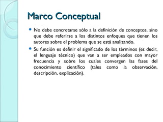 Marco ConceptualMarco Conceptual
 No debe concretarse sólo a la definición de conceptos, sino
que debe referirse a los distintos enfoques que tienen los
autores sobre el problema que se está analizando.
 Su función es definir el significado de los términos (es decir,
el lenguaje técnico) que van a ser empleados con mayor
frecuencia y sobre los cuales convergen las fases del
conocimiento científico (tales como la observación,
descripción, explicación).
 