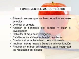 • Prevenir errores que se han cometido en otros
estudios
• Orientar el estudio
• Ampliar el horizonte del estudio y guiar al
investigador
• Delimitar el área de investigación
• Establecer los antecedentes del problema
• Conducir el establecimiento de las hipótesis
• Implicar nuevas líneas y áreas de la investigación
• Proveer un marco de referencia para interpretar
los resultados del estudio
FUNCIONES DEL MARCO TEÓRICO
 