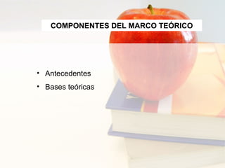 COMPONENTES DEL MARCO TEÓRICO
• Antecedentes
• Bases teóricas
 
