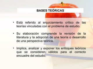 • Está referido al enjuiciamiento crítico de las
teorías vinculadas con el problema de estudio.
• Su elaboración comprende la revisión de la
literatura y la adopción de una teoría o desarrollo
de una perspectiva teórica.
• Implica, analizar y exponer los enfoques teóricos
que se consideren válidos para el correcto
encuadre del estudio.
BASES TEÓRICAS
 
