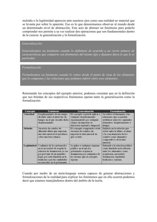 melodía o la legitimidad aparecen ante nuestros ojos como una realidad no material que
se levanta por sobre lo aparente. Eso es lo que denominamos observar al mundo desde
un determinado nivel de abstracción. Este acto de abstraer un fenómeno para poderlo
comprender nos permite a su vez realizar dos operaciones que son fundamentales dentro
de la ciencia: la generalización y la formalización.
Retomando los conceptos del ejemplo anterior, podemos constatar que en la definición
que nos brindan de sus respectivos fenómenos operan tanto la generalización como la
formalización:
Cuando por medio de un meta-lenguaje somos capaces de generar abstracciones y
formalizaciones de la realidad para explicar los fenómenos que en ella ocurren podemos
decir que estamos manejándonos dentro del ámbito de la teoría.
Generalización:
Generalizamos un fenómeno cuando lo definimos de acuerdo a un cierto número de
características que comparte con fenómenos del mismo tipo y dejamos fuera lo que le es
particular.
Formalización:
Formalizamos un fenómeno cuando lo vemos desde el punto de vista de los elementos
que lo componen y las relaciones que podemos inferir entre esos elementos.
 