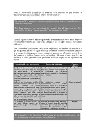 como la observación etnográfica, la entrevista o la encuesta, lo que hacemos es
transformar esos datos presentes o futuros en “observables”.
Veamos algunos ejemplos de cómo por medio de la abstracción de los datos empíricos
podemos transformarlos en observables. Utilicemos los conceptos teóricos previamente
utilizados:
Esta “traducción” que hacemos de los datos empíricos a los términos de la teoría es lo
que nos permite generar los argumentos que sustentarán nuestras afirmaciones dentro de
la investigación. Siempre que somos capaces de generar una afirmación acerca de un
fenómeno de la realidad fundamentada en los observables que hemos construido por
medio de la teoría, podemos decir que hemos realizado un proceso de argumentación
teórica.
Un argumento es la exposición fundamentada de un determinado número de
premisas que nos permiten sostener una afirmación.
Un observable es un aspecto concreto de la realidad que debe ser entendido a la luz
de un marco de teoría.
Los datos empíricos son susceptibles de cualquier tipo de interpretación. Los
observables son datos “pre-interpretados” por medio de una teoría.
 
