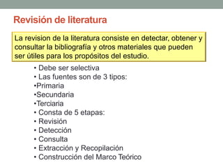 Revisión de literatura
La revision de la literatura consiste en detectar, obtener y
consultar la bibliografía y otros materiales que pueden
ser útiles para los propósitos del estudio.
• Debe ser selectiva
• Las fuentes son de 3 tipos:
•Primaria
•Secundaria
•Terciaria
• Consta de 5 etapas:
• Revisión
• Detección
• Consulta
• Extracción y Recopilación
• Construcción del Marco Teórico
 