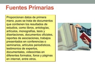 Fuentes Primarias
Proporcionan datos de primera
mano, pues se trata de documentos
que contienen los resultados de
estudios, como libros, antologías,
artículos, monografías, tesis y
disertaciones, documentos oficiales,
reportes de asociaciones, trabajos
presentados en conferencias o
seminarios, artículos periodísticos,
testimonios de expertos,
documentales, videocintas en
diferentes formatos, foros y páginas
en internet, entre otros.
 