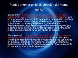 Puntos a tomar en la elaboración del marco teóricoEl elaborar el marco teórico no es sólo hacer una revisión o reseña de lo que se ha hecho antes con títulos semejantes, sino de insertarse de manera real y profunda en la actividad científica con el fin de encontrar el sentido de la investigación que se quiere hacer. La investigación teórica, previa a toda experimentación ubica al investigador dentro de este proceso y le sugiere cuales son las preguntas que todavía no tienen una respuesta comprobada y que son objeto de estudio.El marco teórico no solamente abarca la revisión de conceptos y/o teorías que apoyan una investigación. Además del marco teórico que debe sustentar cada investigación, debe ser tomado en cuenta el marco de referencia y el marco conceptual en el cual se circunscribe la investigación a realizar. Esto se presenta de manera resumida en la siguiente figura.