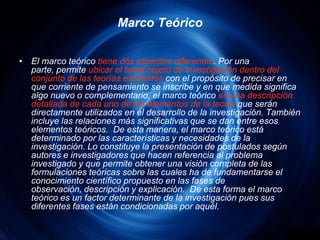 Marco TeóricoEl marco teórico tiene dos aspectos diferentes. Por una parte, permite ubicar el tema objeto de investigación dentro del conjunto de las teorías existentes con el propósito de precisar en que corriente de pensamiento se inscribe y en que medida significa algo nuevo o complementario, el marco teórico es una descripción detallada de cada uno de los elementos de la teoría que serán directamente utilizados en el desarrollo de la investigación. También incluye las relaciones más significativas que se dan entre esos elementos teóricos.  De esta manera, el marco teórico está determinado por las características y necesidades de la investigación. Lo constituye la presentación de postulados según autores e investigadores que hacen referencia al problema investigado y que permite obtener una visión completa de las formulaciones teóricas sobre las cuales ha de fundamentarse el conocimiento científico propuesto en las fases de observación, descripción y explicación.  De esta forma el marco teórico es un factor determinante de la investigación pues sus diferentes fases están condicionadas por aquél.