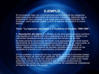 EJEMPLOEn el presente caso van a considerarse exclusivamente las categorías esenciales para el tratamiento del fenómeno migratorio, sabiendo qua el problema en muy complejo y que exige una mayor profundización. Sin embargo, como ejemplo puede ¡lustrar la manera de construir el marco teórico.	Tema: "La migración del campo a la ciudad en el Ecuador: 1960-1980".	1. Descripción del objeto: La década de los años sesenta marca cambios importantes en la distribución de la población en el Ecuador, debido a los crecientes desplazamientos poblacionales del campo a la ciu­dad.	El estancamiento económico del sector rural expresado en el rendi­miento decreciente de la producción agropecuaria destinada, en su mayor parle, al autoconsumo provoca una situación de miseria ge­neralizada en el sector, obligando a la mayoría de familias campesi­nas a buscar en las ciudades la solución a sus apremiantes problemas de subsistencia.	En las ciudades, la situación es muy compleja; no es fácil encontrar trabajo porque la mano de obra no es calificada. El alojamiento y alimentación son muy caros, por lo cual se ven obligados a compartir un cuarto entre varias personas y comer una vez durante el día. En estas condiciones los migrantes no cubren las necesidades mínimas de subsistencia, trasladando la miseria del campo a la ciudad.