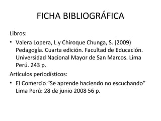 FICHA BIBLIOGRÁFICA
Libros:
• Valera Lopera, L y Chiroque Chunga, S. (2009)
   Pedagogía. Cuarta edición. Facultad de Educación.
   Universidad Nacional Mayor de San Marcos. Lima
   Perú. 243 p.
Artículos periodísticos:
• El Comercio “Se aprende haciendo no escuchando”
   Lima Perú: 28 de junio 2008 56 p.
 