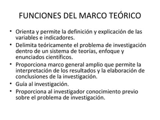 FUNCIONES DEL MARCO TEÓRICO
• Orienta y permite la definición y explicación de las
  variables e indicadores.
• Delimita teóricamente el problema de investigación
  dentro de un sistema de teorías, enfoque y
  enunciados científicos.
• Proporciona marco general amplio que permite la
  interpretación de los resultados y la elaboración de
  conclusiones de la investigación.
• Guía al investigación.
• Proporciona al investigador conocimiento previo
  sobre el problema de investigación.
 