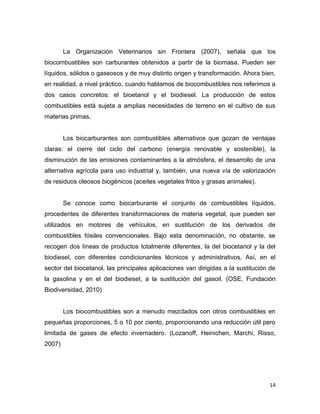 14
La Organización Veterinarios sin Frontera (2007), señala que los
biocombustibles son carburantes obtenidos a partir de la biomasa. Pueden ser
líquidos, sólidos o gaseosos y de muy distinto origen y transformación. Ahora bien,
en realidad, a nivel práctico, cuando hablamos de biocombustibles nos referimos a
dos casos concretos: el bioetanol y el biodiesel. La producción de estos
combustibles está sujeta a amplias necesidades de terreno en el cultivo de sus
materias primas.
Los biocarburantes son combustibles alternativos que gozan de ventajas
claras: el cierre del ciclo del carbono (energía renovable y sostenible), la
disminución de las emisiones contaminantes a la atmósfera, el desarrollo de una
alternativa agrícola para uso industrial y, también, una nueva vía de valorización
de residuos oleosos biogénicos (aceites vegetales fritos y grasas animales).
Se conoce como biocarburante el conjunto de combustibles líquidos,
procedentes de diferentes transformaciones de materia vegetal, que pueden ser
utilizados en motores de vehículos, en sustitución de los derivados de
combustibles fósiles convencionales. Bajo esta denominación, no obstante, se
recogen dos líneas de productos totalmente diferentes, la del biocetanol y la del
biodiesel, con diferentes condicionantes técnicos y administrativos. Así, en el
sector del biocetanol, las principales aplicaciones van dirigidas a la sustitución de
la gasolina y en el del biodiesel, a la sustitución del gasoil. (OSE, Fundación
Biodiversidad, 2010)
Los biocombustibles son a menudo mezclados con otros combustibles en
pequeñas proporciones, 5 o 10 por ciento, proporcionando una reducción útil pero
limitada de gases de efecto invernadero. (Lozanoff, Heinichen, Marchi, Risso,
2007)
 