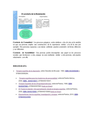 Corolario de Comunidad: Los procesos psíquicos serán similares a los de otra en la medida
en que esa persona emplee una construcción de la experiencia similar a la de la otra por
ejemplo: Dos personas expuestas a un mismo ambiente pueden construirlo de forma diferente
y ser diferentes
Corolario de Sociabilidad: Una persona podrá desempeñar una papel en los procesos
sociales que involucran a otra, aunque no seas realmente similar a otra persona, aún puedes
relacionarte con ella.
BIBLIOGRAFIA
 Terapia cognitiva de la depresión, editor Desclée de Brouwer, 1983, ISBN 8433006266 y
9788433006264.
 Terapia cognitiva para los trastornos de personalidad, editorial Paidós Ibérica,
2005, ISBN 8449318041 y 9788449318047.
 Terapia Cognitiva de las Drogodependencias, editorial Paidos, 1999, ISBN
8449307686 y 9788449307683 (texto en línea).
 El Trastorno bipolar: Una aproximación desde la terapia cognitiva, editorial Paidos,
2005, ISBN 8449316995 y 9788449316999 (texto en línea).
 Esquizofrenia, teoría cognitiva, investigación y terapia, editorial Paidos, 2010, ISBN
9788449323959.
 