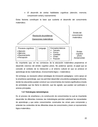  El desarrollo de ciertas habilidades cognitivas (atención, memoria, 
22 
comprensión verbal y razonamiento) 
Estos factores constituyen la base que sustenta el desarrollo del conocimiento 
matemático. 
Resolución de problemas 
Operaciones matemáticas 
Procesos cognitivos 
Atención 
Memoria 
Razonamiento 
Percepción 
básicas 
Concepto de número 
Ámbito del 
conocimiento 
matemático 
Lenguaje Conceptos básicos 
 Tamaño 
 Forma 
 Cantidad 
 Orden 
 Posición 
Ámbito 
cognitivo 
previo 
(fundamental) 
Es importante que, en los comienzos de la educación matemática propiciemos el 
desarrollo cósmico del ámbito cognitivo previo. No podemos ignorar, el papel que se 
concede al contexto de la interacción y al entorno cultural en que se produce el 
aprendizaje de las matemáticas. (Conocimiento lógico – matemático) 
Sin embargo, es necesario utilizar estrategias de innovación pedagógica como apoyo en 
la enseñanza aprendizaje, que nos permitan desarrollar una práctica pedagógica eficiente, 
donde los educandos puedan construir sus conocimientos de manera significativa a través 
de actividades que les llame la atención, que les agrade, que puedan ser participes o 
actores principales. 
1.4.7 Estrategias metodológicas 
Es el proceso de enseñanza y la construcción de conocimientos la cual es importante 
desarrollar de diferentes maneras, las metodologías permiten satisfacer las necesidades 
de aprendizaje y que estos conocimientos construidos les sirvan para comprender y 
entender los contenidos de las diferentes áreas de conocimiento y tener un razonamiento 
lógico matemático. 
 