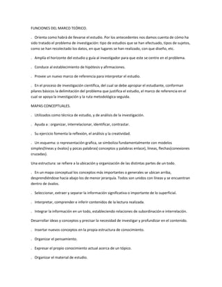 FUNCIONES DEL MARCO TEÓRICO.

. Orienta como habrá de llevarse el estudio. Por los antecedentes nos damos cuenta de cómo ha
sido tratado el problema de investigación: tipo de estudios que se han efectuado, tipos de sujetos,
como se han recolectado los datos, en que lugares se han realizado, con que diseño, etc.

. Amplía el horizonte del estudio y guía al investigador para que este se centre en el problema.

. Conduce al establecimiento de hipótesis y afirmaciones.

. Provee un nuevo marco de referencia para interpretar el estudio.

. En el proceso de investigación científica, del cual se debe apropiar el estudiante, conforman
pilares básicos la delimitación del problema que justifica el estudio, el marco de referencia en el
cual se apoya la investigación y la ruta metodológica seguida.

MAPAS CONCEPTUALES.

. Utilizados como técnica de estudio, y de análisis de la investigación.

. Ayuda a : organizar, interrelacionar, identificar, contrastar.

. Su ejercicio fomenta la reflexión, el análisis y la creatividad.

. Un esquema: o representación grafica, se simboliza fundamentalmente con modelos
simples(líneas y óvalos) y pocas palabras( conceptos y palabras enlace), líneas, flechas(conexiones
cruzadas).

Una estructura: se refiere a la ubicación y organización de las distintas partes de un todo.

. En un mapa conceptual los conceptos más importantes o generales se ubican arriba,
desprendiéndose hacia abajo los de menor jerarquía. Todos son unidos con líneas y se encuentran
dentro de óvalos.

. Seleccionar, extraer y separar la información significativa o importante de lo superficial.

. Interpretar, comprender e inferir contenidos de la lectura realizada.

. Integrar la información en un todo, estableciendo relaciones de subordinación e interrelación.

Desarrollar ideas y conceptos y precisar la necesidad de investigar y profundizar en el contenido.

. Insertar nuevos conceptos en la propia estructura de conocimiento.

. Organizar el pensamiento.

. Expresar el propio conocimiento actual acerca de un tópico.

. Organizar el material de estudio.
 