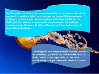 Esta dimensión responde a otro modo de entender la inteligencia más allá de
los aspectos cognitivos, tales como la memoria y la capacidad para resolver
problemas. Hablamos ante todo de nuestra capacidad para dirigirnos con
efectividad a los demás y a nosotros mismos, de conectar con nuestras
emociones, de gestionarlas, de auto motivarnos, de frenar los impulsos, de
vencer las frustraciones…
La inteligencia interpersonal empieza con la conciencia
de uno mismo y también con la conciencia social. Es
decir, cuando somos capaces de reconocer las
emociones (y su impacto) en todo lo que nos rodea.
 