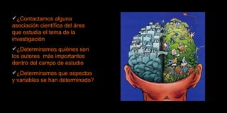 ¿Contactamos alguna asociación científica del área que estudia el tema de la investigación ¿Determinamos quiénes son los autores  más importantes dentro del campo de estudio ¿Determinamos que aspectos y variables se han determinado? 