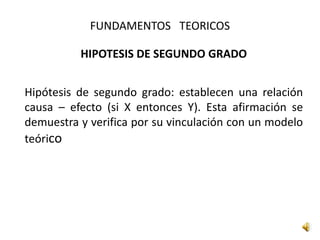 FUNDAMENTOS TEORICOS
HIPOTESIS DE SEGUNDO GRADO
Hipótesis de segundo grado: establecen una relación
causa – efecto (si X entonces Y). Esta afirmación se
demuestra y verifica por su vinculación con un modelo
teórico
 