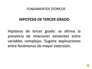 FUNDAMENTOS TEORICOS
HIPOTESIS DE TERCER GRADO
Hipótesis de tercer grado: se afirma la
presencia de relaciones existentes entre
variables complejas. Sugiere explicaciones
entre fenómenos de mayor extensión.
 