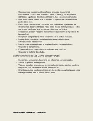 Un esquema o representación grafica se simboliza fundamental
     mentalmente con modelos simples ( Líneas y óvalos) y pocas palabras
     (conceptos y palabras de enlaces ) líneas flechas (conexiones cruzadas)
     Una estructura se refiere a la ubicación y organización de las distintas
     partes se un todo.
     En un mapa conceptual los conceptos más importantes o generales se
     ubican arriba, desprendiéndose hacia abajo los de menor jerarquía. Todos
     son unidos con líneas y se encuentran dentro de los óvalos.
     Seleccionar, extraer y separar la información significativa o importante de
     la superficial.
     Interpretar, comprender e inferir contenidos de la lectura realizada.
     Integrar la información en un todo estableciendo relaciones de
     subordinación e interrelación.
     Insertar nuevos conceptos en la propia estructura de conocimiento.
     Organizar el pensamiento.
     Expresar el propio conocimiento actual acerca de un tópico.
     Organizar el material de estudio.

CARACTERISTICAS DE LOS MAPAS CONCEPTUALES.

     Son simples y muestran claramente las relaciones entre conceptos.
     Van de lo general a lo específico.
     Vistosos se deben entender por si mismos los conceptos escritos con letra
     mayúscula y las palabras de enlace en minúscula.
     Si la idea principal puede ser dividida en dos o más conceptos iguales estos
     conceptos deben ir en la misma línea o altura.




Julián Gómez García 9E     23/08/2012
 
