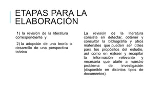 ETAPAS PARA LA
ELABORACIÓN
La revisión de la literatura
consiste en detectar, obtener y
consultar la bibliografía y otros
materiales que pueden ser útiles
para los propósitos del estudio,
así como en extraer y recopilar
la información relevante y
necesaria que atañe a nuestro
problema de investigación
(disponible en distintos tipos de
documentos)
1) la revisión de la literatura
correspondiente y
2) la adopción de una teoría o
desarrollo de una perspectiva
teórica
 