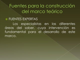 FUENTES EXPERTAS
Los especialistas en las diferentes
áreas del saber, cuya intervención es
fundamental para el desarrollo de este
marco.


 