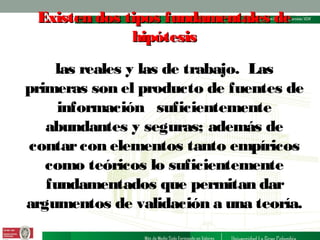 Existen dos tipos fundamentales de
hipótesis
las reales y las de trabajo. Las
primeras son el producto de fuentes de
información suficientemente
abundantes y seguras; además de
contar con elementos tanto empíricos
como teóricos lo suficientemente
fundamentados que permitan dar
argumentos de validación a una teoría.

 