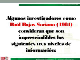 Algunos investigadores como
Raúl Rojas Soriano (1981)
consideran que son
imprescindibles los
siguientes tres niveles de
información:

 