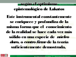 según el optimismo
epistemológico de Lakatos
Este instrumental constantemente
se enriquece y profundiza de la
misma forma que el conocimiento
de la realidad se hace cada vez más
sólido en una especie de núcleo
duro, o centro firm de la teoría
e
suficientemente demostrada,

 