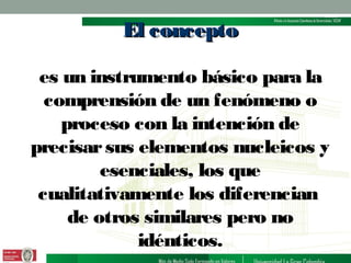 El concepto
es un instrumento básico para la
comprensión de un fenómeno o
proceso con la intención de
precisar sus elementos nucleicos y
esenciales, los que
cualitativamente los diferencian
de otros similares pero no
idénticos.

 