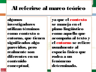Al referirse al marco teórico
algunos
investigadores
utilizan términos
como contexto o
entorno, que tienen
significados algo
parecidos, pero
realmente son
diferentes en su
contenido
conceptual,

ya que el contexto
se maneja en el
plano lingüístico
como aquello que
acompaña al texto y
el entorno se refiere
usualmente al
espacio físico que
rodea a un
fenómeno
determinado.

 