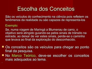 Escolha dos Conceitos
São os veículos do conhecimento na ciência pois refletem os
fenômenos da realidade ou são capazes de representa-los
Exemplo:
Se, numa viagem de Maringá a Blumenau de carro, o
objetivo será atingido guiando-se pelos sinais de trânsito na
estrada, ao deixar de ver estes sinais, perde-se o caminho
que levava ao final da exploração do desconhecido.


‘

Os conceitos são os veículos para chegar ao ponto
final da pesquisa.
No Marco Teórico, deve-se escolher os conceitos
mais adequados ao tema.

 