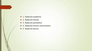  1. Redacción académica
 2. Redacción literaria
 3. Redacción periodística
 4. Redacción formal o administrativa
 5. Redacción técnica
 
