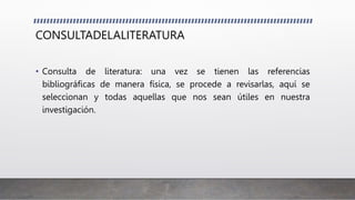 CONSULTADELALITERATURA
• Consulta de literatura: una vez se tienen las referencias
bibliográficas de manera física, se procede a revisarlas, aquí se
seleccionan y todas aquellas que nos sean útiles en nuestra
investigación.
 