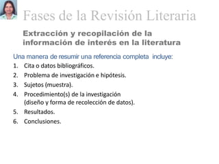 Extracción y recopilación de la
información de interés en la literatura
Una manera de resumir una referencia completa incluye:
1. Cita o datos bibliográficos.
2. Problema de investigación e hipótesis.
3. Sujetos (muestra).
4. Procedimiento(s) de la investigación
(diseño y forma de recolección de datos).
5. Resultados.
6. Conclusiones.
Fases de la Revisión Literaria
 