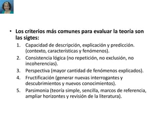 • Los criterios más comunes para evaluar la teoría son
las sigtes:
1. Capacidad de descripción, explicación y predicción.
(contexto, características y fenómenos).
2. Consistencia lógica (no repetición, no exclusión, no
incoherencias).
3. Perspectiva (mayor cantidad de fenómenos explicados).
4. Fructificación (generar nuevas interrogantes y
descubrimientos y nuevos conocimientos).
5. Parsimonia (teoría simple, sencilla, marcos de referencia,
ampliar horizontes y revisión de la literatura).
 