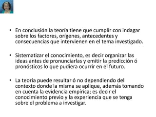 • En conclusión la teoría tiene que cumplir con indagar
sobre los factores, orígenes, antecedentes y
consecuencias que intervienen en el tema investigado.
• Sistematizar el conocimiento, es decir organizar las
ideas antes de pronunciarlas y emitir la predicción ó
pronósticos lo que pudiera ocurrir en el futuro.
• La teoría puede resultar ó no dependiendo del
contexto donde la misma se aplique, además tomando
en cuenta la evidencia empírica; es decir el
conocimiento previo y la experiencia que se tenga
sobre el problema a investigar.
 