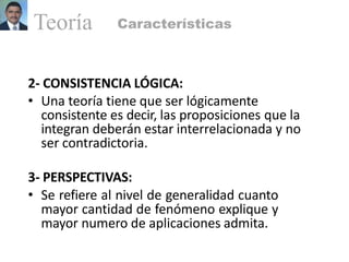 2- CONSISTENCIA LÓGICA:
• Una teoría tiene que ser lógicamente
consistente es decir, las proposiciones que la
integran deberán estar interrelacionada y no
ser contradictoria.
3- PERSPECTIVAS:
• Se refiere al nivel de generalidad cuanto
mayor cantidad de fenómeno explique y
mayor numero de aplicaciones admita.
Teoría Características
 
