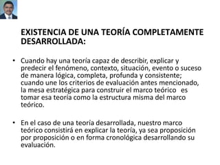 EXISTENCIA DE UNA TEORÍA COMPLETAMENTE
DESARROLLADA:
• Cuando hay una teoría capaz de describir, explicar y
predecir el fenómeno, contexto, situación, evento o suceso
de manera lógica, completa, profunda y consistente;
cuando une los criterios de evaluación antes mencionado,
la mesa estratégica para construir el marco teórico es
tomar esa teoría como la estructura misma del marco
teórico.
• En el caso de una teoría desarrollada, nuestro marco
teórico consistirá en explicar la teoría, ya sea proposición
por proposición o en forma cronológica desarrollando su
evaluación.
 