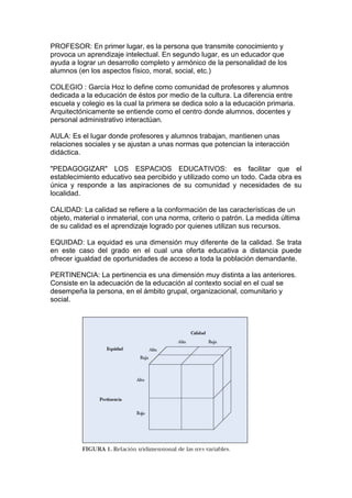 PROFESOR: En primer lugar, es la persona que transmite conocimiento y
provoca un aprendizaje intelectual. En segundo lugar, es un educador que
ayuda a lograr un desarrollo completo y armónico de la personalidad de los
alumnos (en los aspectos físico, moral, social, etc.)

COLEGIO : García Hoz lo define como comunidad de profesores y alumnos
dedicada a la educación de éstos por medio de la cultura. La diferencia entre
escuela y colegio es la cual la primera se dedica solo a la educación primaria.
Arquitectónicamente se entiende como el centro donde alumnos, docentes y
personal administrativo interactúan.

AULA: Es el lugar donde profesores y alumnos trabajan, mantienen unas
relaciones sociales y se ajustan a unas normas que potencian la interacción
didáctica.

"PEDAGOGIZAR" LOS ESPACIOS EDUCATIVOS: es facilitar que el
establecimiento educativo sea percibido y utilizado como un todo. Cada obra es
única y responde a las aspiraciones de su comunidad y necesidades de su
localidad.

CALIDAD: La calidad se refiere a la conformación de las características de un
objeto, material o inmaterial, con una norma, criterio o patrón. La medida última
de su calidad es el aprendizaje logrado por quienes utilizan sus recursos.

EQUIDAD: La equidad es una dimensión muy diferente de la calidad. Se trata
en este caso del grado en el cual una oferta educativa a distancia puede
ofrecer igualdad de oportunidades de acceso a toda la población demandante.

PERTINENCIA: La pertinencia es una dimensión muy distinta a las anteriores.
Consiste en la adecuación de la educación al contexto social en el cual se
desempeña la persona, en el ámbito grupal, organizacional, comunitario y
social.
 