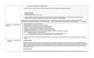  Proyección / Percepción: lanzar batear atrapar
 Valoración Previa: Formado antes de la primera realización motora el cual cumple con la siguiente secuencia:
Captación sensorial
Asimilación sensorial
Formación de una imagen del movimiento
 Valoración efectiva: Esta fase fija las partes correctas del movimiento y elimina las fallas gracias a la comparación que el sujeto realiza de la
valoración previa, el objetivo y lo ejecutado, así un nuevo intento o ejecución será más elaborada.

El aprendizaje motor esta condicionado por diversos factores como la influencia social, cultural, factores cognitivos, psicológicos, estructurales o
funcionales como el crecimiento, desarrollo y maduración, y desde el punto de vista biológico y fisiológico por los factores genéticos y patológicos
PRINCIPIOS DE APRENDIZAJE
MOTOR
 HABILIDAD MOTRIZ: capacidad adquirida.
 APRESTAMIENTO: aprendizaje en un tiempo adecuado.
 MOTIVACIÓN: el por que y para que de las actividades propuestas.
 FORMA Y TÉCNICA: adaptación y ejecución de un aprendizaje.
 PRACTICA: orientación para el aprendizaje de destrezas y habilidades.
 PRIMEROS MOVIMIENTOS: lanzar, alcanzar un objeto, marcha y carrera.
 PROGRESIÓN: adquisición de niveles mas altos (de lo simple o lo complejo- de lo grueso a lo refinado).
 META: expectativas, exploración y experimentación.
 TRANSFERENCIA DE APRENDIZAJE: habilidades nuevas que se adaptan al patrón inicial
 TENSIÓN Y ANSIEDAD: los malos tratos causan efectos negativos en el aprendizaje motor.
 RETROALIMENTACIÓN Y ESFUERZO: procesos de enseñanza- aprendizaje, maduración del sistema nervioso y automatización de movimientos
básicos.
LEYES DE DESARROLLO
DEL NIÑO
Ley Céfalo Caudal:
El desarrollo corporal del niño en cuanto a sus estructuras y funciones comienza por la cabeza y luego se dirige al tronco, para finalmente llegar a las
piernas. Esta teoría se comprueba al ver que la parte superior de su cuerpo es más pesada que el resto y es donde se inician las funciones motrices, por
ejemplo cuando se acuesta al bebé sobre su cama, boca abajo, notaremos que pueden levantar la cabeza mucho antes de poder levantar el pecho. Así
mismo el control de la cabeza, de los ojos y hombros precede al control de las extremidades. (Las extremidades superiores se controlan antes que las
extremidades inferiores).
Ley Próximo Distal
En este nivel, el desarrollo sigue la secuencia desde dentro hacia afuera partiendo del eje central del cuerpo. Si hablamos por ejemplo del desarrollo del
 