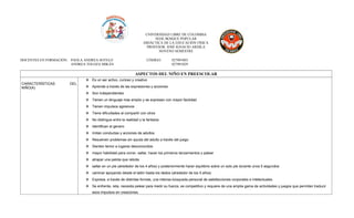 UNIVERSIDAD LIBRE DE COLOMBIA
SEDE BOSQUE POPULAR
DIDÁCTICA DE LA EDUCACIÓN FÍSICA
PROFESOR: JOSÉ IGNACIO ARDILA
NOVENO SEMESTRE
DOCENTES EN FORMACIÓN: PAOLA ANDREA SOTELO CÓDIGO: 027091003
ANDREA TOLOZA MIKÁN 027091029
ASPECTOS DEL NIÑO EN PREESCOLAR
CARACTERÍSTICAS DEL
NIÑO(A)
 Es un ser activo, curioso y creativo
 Aprende a través de las expresiones y acciones
 Son independientes
 Tienen un lenguaje mas amplio y se expresan con mayor facilidad
 Tienen impulsos agresivos
 Tiene dificultades al compartir con otros
 No distingue entre la realidad y la fantasía
 Identifican el genero
 Imitan conductas y acciones de adultos
 Resuelven problemas sin ayuda del adulto a través del juego
 Sienten temor a lugares desconocidos
 mayor habilidad para correr, saltar, hacer los primeros lanzamientos y patear
 atrapar una pelota que rebota
 saltar en un pie (alrededor de los 4 años) y posteriormente hacer equilibrio sobre un solo pie durante unos 5 segundos
 caminar apoyando desde el talón hasta los dedos (alrededor de los 5 años)
 Expresa, a través de distintas formas, una intensa búsqueda personal de satisfacciones corporales e intelectuales.
 Se enfrenta, reta, necesita pelear para medir su fuerza, es competitivo y requiere de una amplia gama de actividades y juegos que permitan traducir
esos impulsos en creaciones.
 